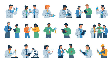 Fototapeta premium Flat Design Illustration Set: Diverse Scientists and Researchers Working in Medical and Science Laboratories