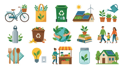 Fototapeta premium Flat Vector Illustration Set of Eco-Friendly Sustainable Living and Environmental Protection Concepts