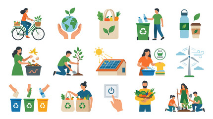 Fototapeta premium Modern Flat Environment and Sustainability Icons Set: Eco-Friendly Lifestyle Concepts and Green Solutions