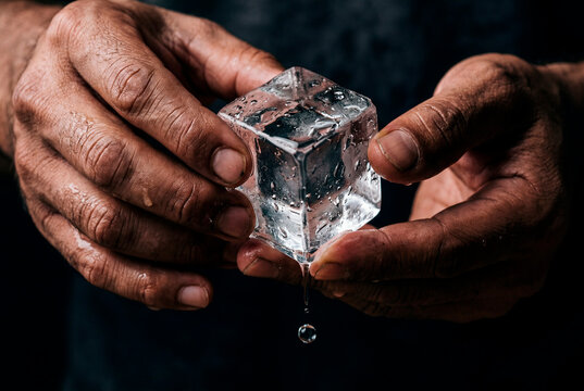 Mani che sorreggono un cubo di ghiaccio che si scioglie, simbolo del tempo che passa, della perdita e dei cambiamenti inevitabili. Immagine concettuale forte ed evocativa.