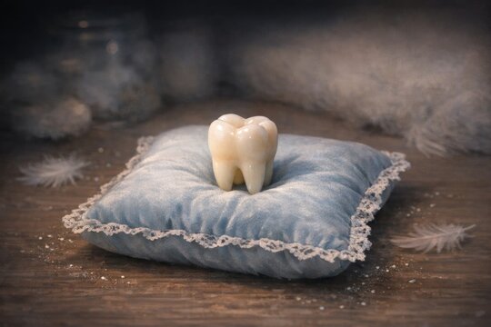 A single tooth sitting on top of a blue pillow