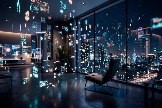 Interno futuristico illuminato da interfacce digitali in un appartamento vuoto. Immagine ideale per concetti di solitudine digitale, isolamento urbano e iper‑connessione tecnologica.