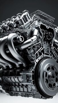 High performance metallic engine block with detailed intake manifolds.