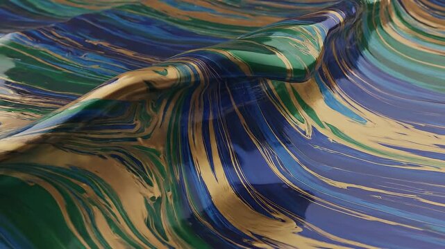 Static video scene with wave and oil texture effect concept. Colorful abstract liquid paint with swirling blue green and gold patterns for artistic backgrounds