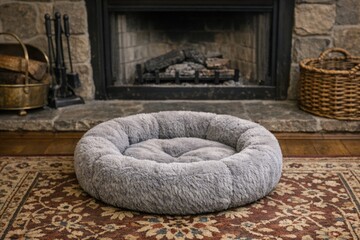 Obraz premium A dog bed placed in front of a cozy fireplace