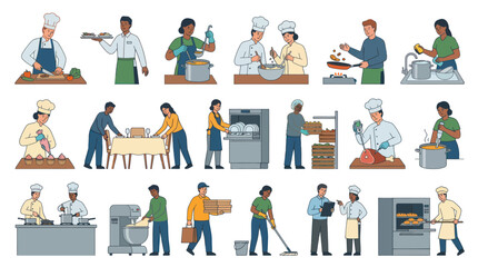 Fototapeta premium Flat Vector Illustration Set: Food Service Hospitality Industry Professionals at Work