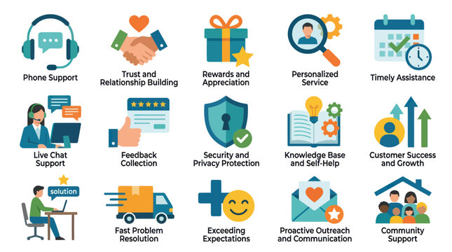 Customer Service and Support Flat Vector Icons Set. Business, Client Experience  Digital Assistance Concepts.