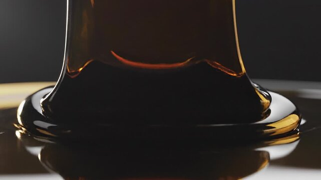 Static video scene with wave and oil texture effect concept. Close up of dark glossy honey dripping and pooling on reflective surface with warm golden highlights