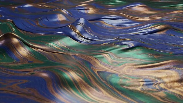 Static video scene with wave and oil texture effect concept. Close up of colorful abstract liquid waves with shiny blue green and gold texture background