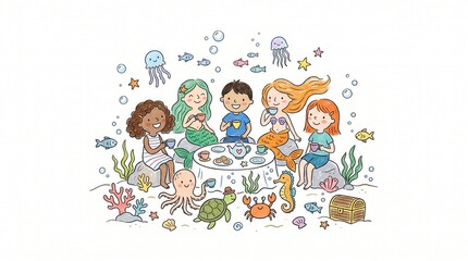 Fototapeta premium Five children and mermaids drink tea around a table with cookies on the ocean floor