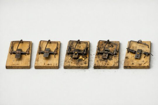 Row of mouse traps with one trap triggered in the middle, often used to catch unwanted pests