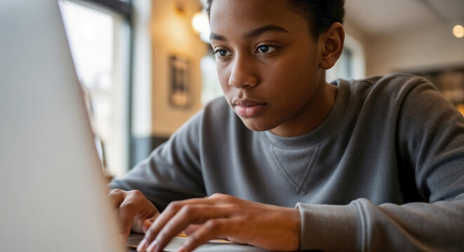 African American male teenager working on a laptop in a cafe. Focused young black student studying and typing on computer