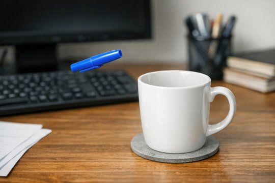 A coffee cup with a pen inserted into the rim, ready for note-taking or writing