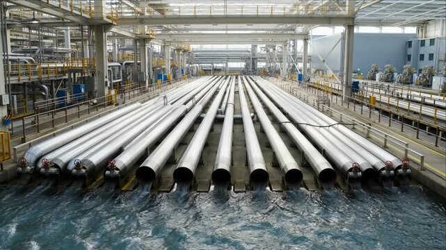 Cinematic industrial pipeline with transparent water surface factory background, metal tube network reflecting blue liquid flow, modern infrastructure energy facility interior parallel line clean