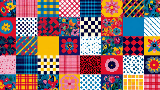 Colorful patchwork quilt with vibrant patterns and floral motifs ideal for textile design and home decor