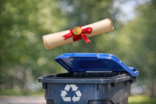 A person disposing of a roll of paper in a trash can