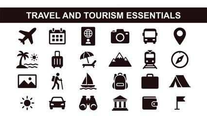 Fototapeta premium Travel And Tourism Essentials Icon Set With Transportation, Accommodation, Navigation, Adventure, And Vacation Symbols