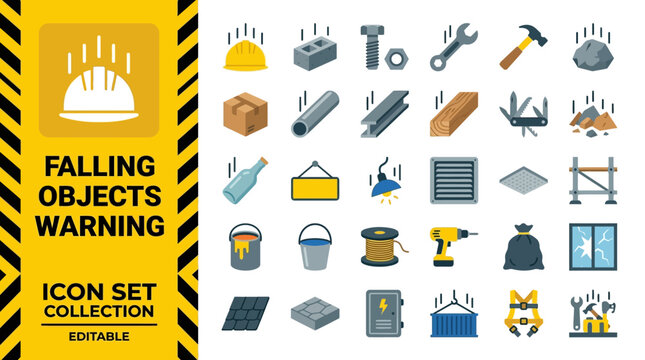 Falling objects warning and construction safety icon set collection