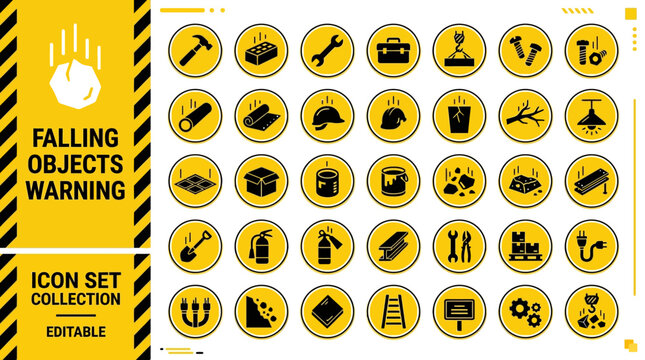 Falling objects warning and construction safety icon collection