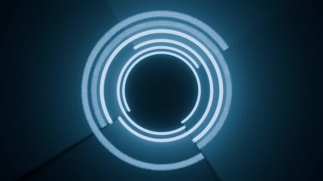 Glowing cyan concentric rings with broken segments forming a circular HUD pattern on a dark background. Futuristic sci-fi interface element