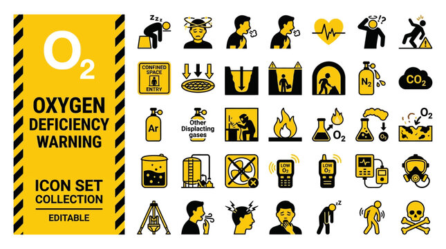 Industrial oxygen deficiency warning and safety icon set