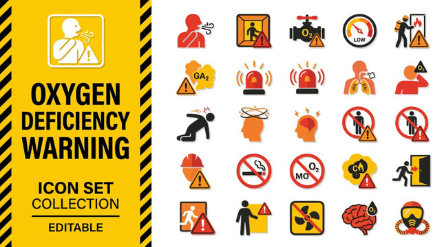 Oxygen deficiency warning icon set for industrial safety and health