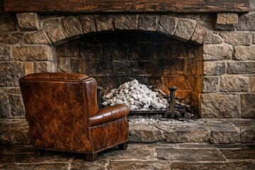 Obraz premium A comfortable leather chair sits in front of a cozy fireplace, perfect for relaxing by the warmth