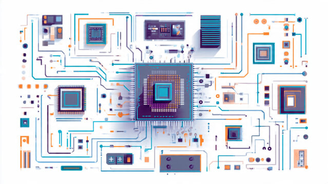 digital circuit board with microprocessors and electronic components in blue and orange themes