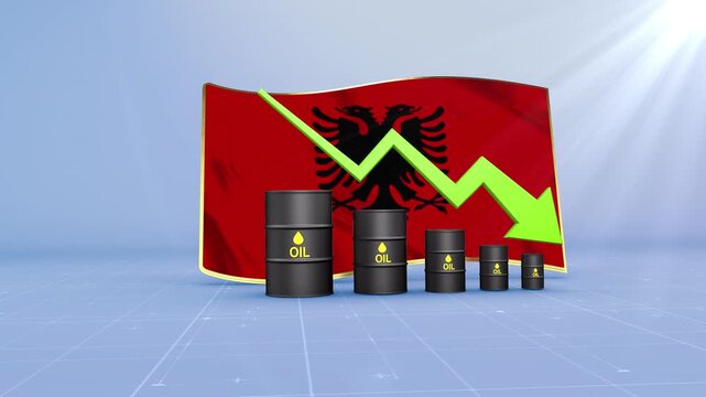 Albania Crude Oil Price Drop with Oil Barrels Downward Green Arrow and 3D Financial Data Visualization Graphs for Economy and Business Concept