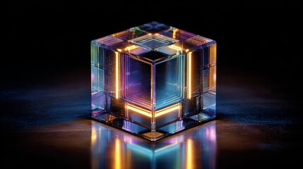 Fototapeta premium Futuristic glass cube glowing with vibrant lights in dark minimal space, abstract 3d render of illuminated crystal structure, sci-fi digital energy, reflective refraction effects on moody black backgr