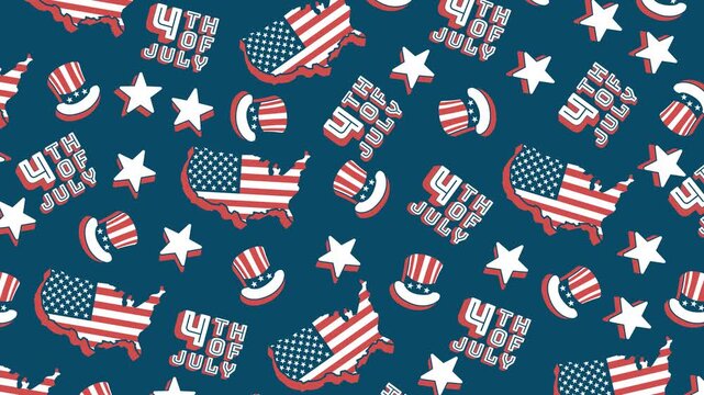 4th of July Seamless Pattern Animation &ndash; Looping patriotic video with USA map, Uncle Sam hats, stars, and 4th of July lettering on a dark blue background. Ideal for holiday backdrops, party promos.