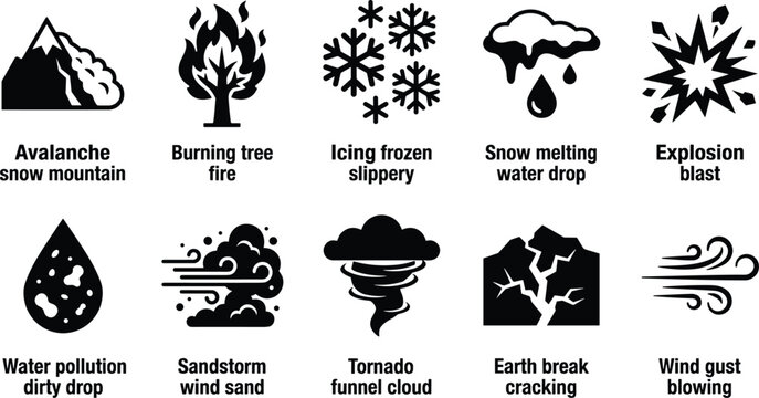 Set of ten vector weather hazard icons showing natural disasters and dangerous atmospheric conditions design.