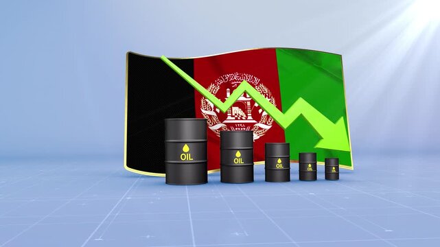 Afghanistan Crude Oil Price Drop with Oil Barrels Downward Green Arrow and 3D Financial Data Visualization Graphs for Economy and Business Concept