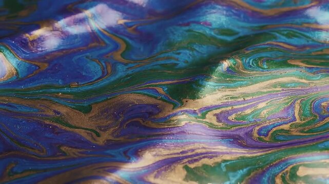 Abstract colorful swirling liquid art with vibrant blue green purple and gold metallic waves and fluid patterns