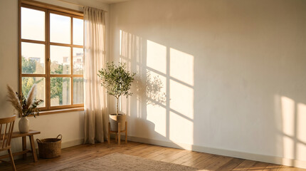 Fototapeta premium Warm sunlight casting geometric shadows through window on minimal interior wall with empty copy space