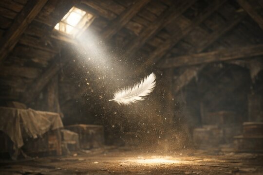 A white feather is seen flying in the air inside a rustic barn