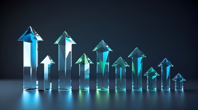 Series of transparent glass arrows of varying heights pointing upwards in a decreasing order.