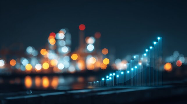 Glowing blue financial chart over blurred industrial night background for energy market forecast and investment analysis