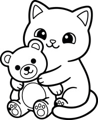Obraz premium Cute cat hugging teddy bear coloring page
