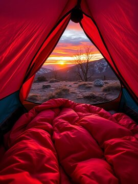 Cozy sleeping bag nestled in a colorful tent at sunset, sleep, peaceful