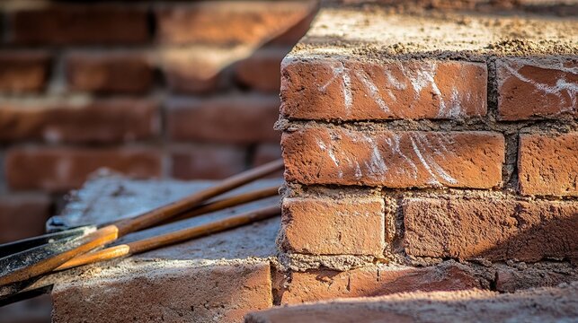 mortar. Stacked brick wall section with fresh mortar lines and construction tools nearby in morning light. real-estate listings.