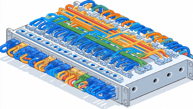 Colorful fiber optic patch panel with multiple cables and connectors for data networking applications