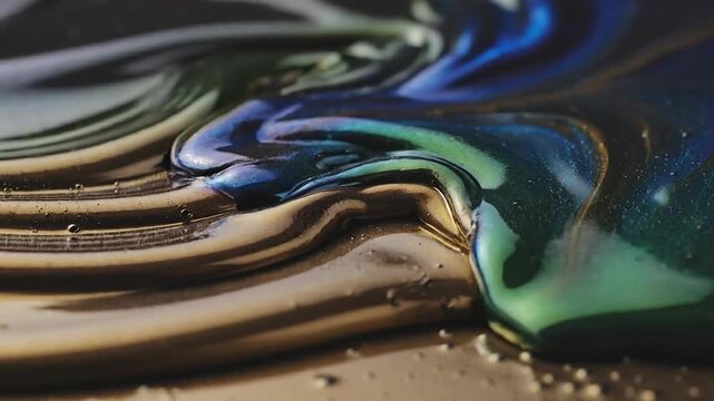 Close up of shiny smooth liquid metal with reflective surface and flowing texture in warm light