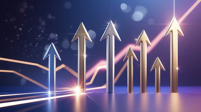 Metallic arrows and glowing growth line graph showing financial progress on dark screen.