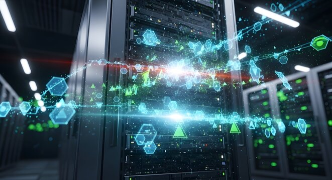 Futuristic server room with glowing data streams and digital network connections, representing advanced technology