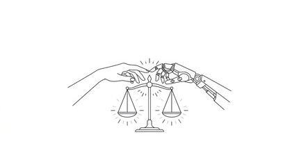 Obraz premium Two hands reach out toward a set of scales representing ethical considerations in artificial intelligence governance