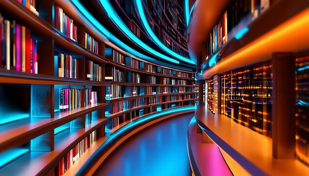 Modern library with glowing neon lights and curved bookshelves filled with colorful books.