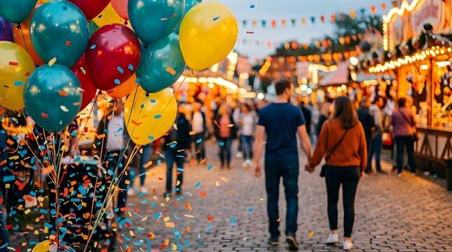 Colorful balloons floating above people walking on cobblestone street.