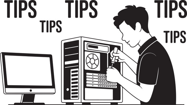 Man fixing computer server with monitor nearby