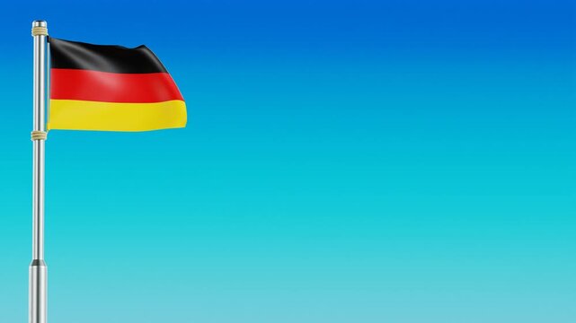 The German national flag fluttering smoothly on a silver flagpole. A crisp 4K 3D animation showing detailed fabric physics over a clear blue gradient sky. News, Sport, Patriotic, and travel projects.